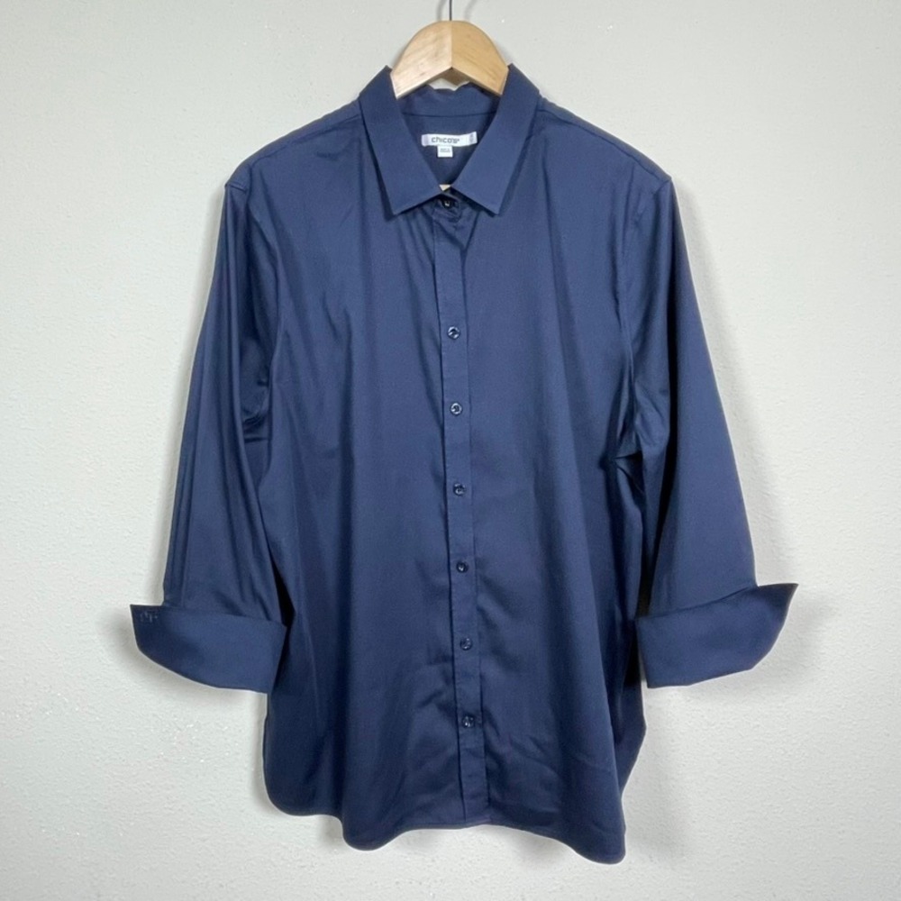 Chico's Button Down Shirt Womens 3.5 18 Navy Blue Cotton Blend Career Stretch